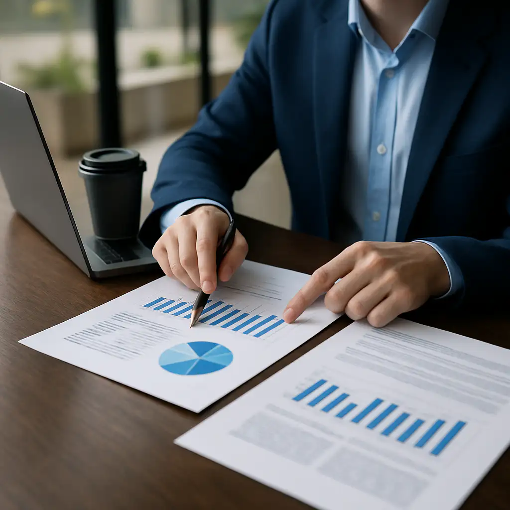 Mężczyzna w garniturze analizujący wykresy słupkowe i kołowe w dokumentach biznesowych przy laptopie.