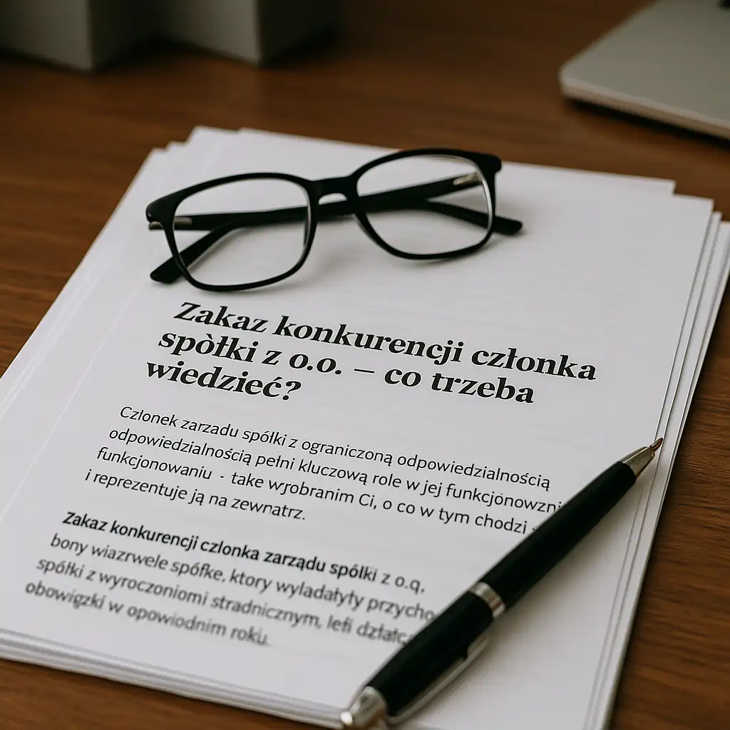 Dokument z tytułem „Zakaz konkurencji członka spółki z o.o.”, leżący na biurku obok okularów i długopisu